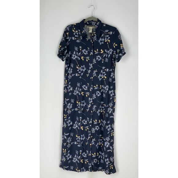 Notations Vintage Maxi Dress Womens Size Small Linen Blend Floral Blue Button Up - Picture 1 of 8